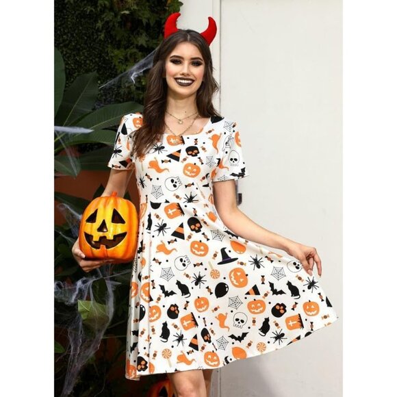 Halloween Dress for Women Short Sleeves Vintage Style A-Line Party Dresses - Picture 2 of 7
